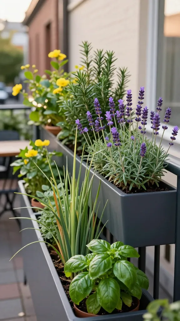 Golden-hour realistic photo of a narrow urban balcony transformed into a “scent-blocking herb screen” container garden: a row of tall, modern planters lines the railing to form a lush green privacy hedge. In the foreground, lemongrass and upright rosemary create height with arching grass blades and woody vertical sprigs. Mid-layer planters feature bushy lemon verbena and blooming lavender with soft purple spikes for fragrance. Front accents include vibrant Genovese basil with glossy green leaves ready for harvest. The scene shows a subtle view of neighboring buildings softened by the herb wall, suggesting privacy; a small bistro table and chair hint at patio-party vibes. Natural light, shallow depth of field, realistic textures of terracotta and matte charcoal planters, dewy leaves, slight breeze movement, no people, no text, high-resolution lifestyle photography.