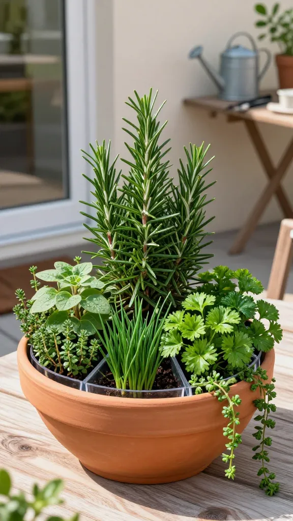 Realistic high-resolution photo of a stylish “chef’s capsule” herb container garden on a small urban patio, featuring a single wide, shallow terra-cotta bowl planter arranged like a spice wheel. Center plant is a compact rosemary bush (or globe basil variant) with dense, upright growth. Around it in four clear quadrants: low, mat-forming thyme; bushy oregano with oval, slightly fuzzy leaves; slender, deep green chives with tubular blades; and lush, curled or flat-leaf parsley. Along the rim, trailing thyme spills gracefully over the edge for a cascading effect. The planter sits on a sunlit bistro table near a glass door for easy kitchen access, with soft morning light, natural shadows, and visible dew on leaves. Background hints of a cozy balcony: weathered wooden decking, a neutral wall, a small watering can, and a pair of kitchen shears. Color palette is fresh greens with terra-cotta warmth; realistic textures, shallow depth of field, crisp detail, no text.