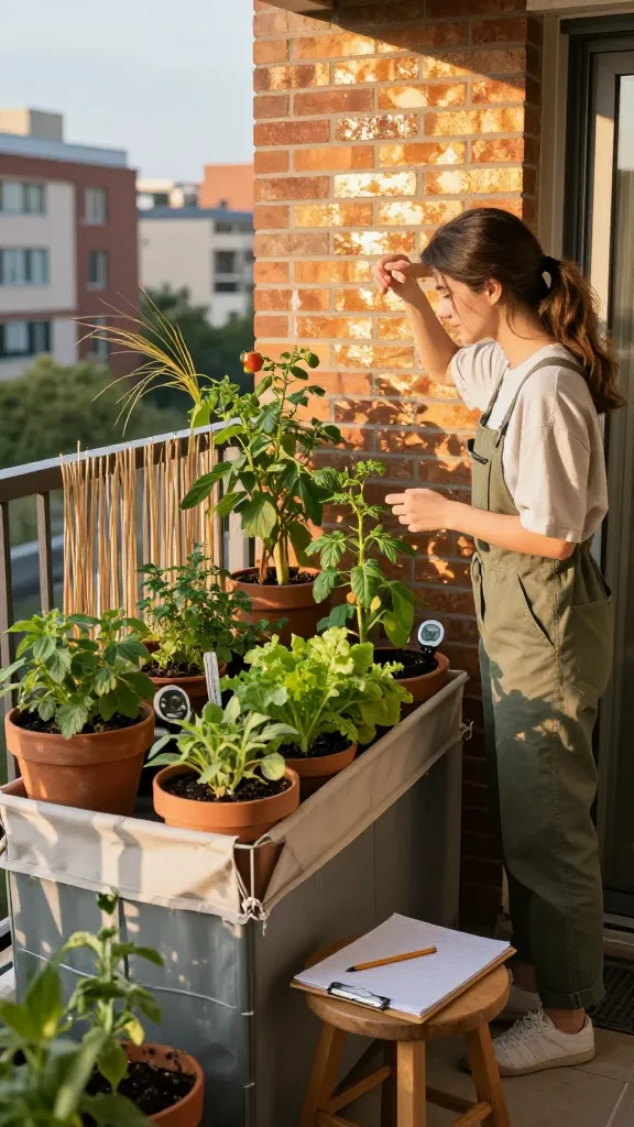 Realistic, high-resolution photo of a small urban balcony container garden with a young woman in casual gardening clothes acting like a “garden sleuth,” observing and noting microclimate clues. Main subject: container garden in a small space. Scene set at late afternoon golden hour. The balcony has mixed containers (terracotta, fabric grow bags, and a raised trough) with herbs, leafy greens, and a few compact tomato and pepper plants. Strong sunlight hits one section while another area is in partial shade, clearly showing different sun zones. A nearby brick wall radiates warmth like a heat island, shimmering slightly in the light. A light wind ruffles leaves; a simple reed screen and clustered pots create a windbreak on the gusty side near the railing. Visible details: small thermometer and soil moisture meter stuck in a pot, a note clipboard on a stool with a pencil, a small digital timer clipped to a pot rim, and a lightweight shade cloth rolled to the side. The woman shields her eyes to track sun angle and points to the bright zone, with her other hand testing warmth on the brick. Background shows a compact cityscape with neighboring buildings. Natural colors, shallow depth of field, crisp textures on leaves and containers, realistic lighting and shadows, no text.