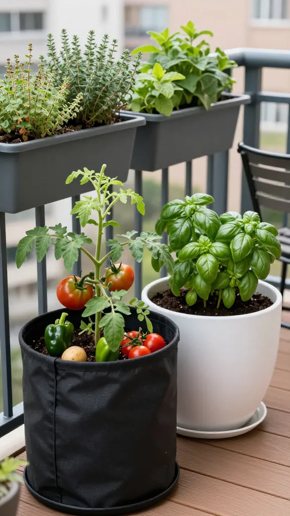 A bright, realistic high-angle photo of a compact urban balcony container garden featuring thriving edible plants in varied stylish containers. In the foreground, a large black fabric grow bag overflowing with healthy tomato vines and small ripening tomatoes, with companion peppers and a few potato plants peeking up. Beside it, a sleek, matte white self-watering planter with a lush basil and parsley mix, soil surface evenly moist. Along the railing, modern charcoal-gray rail planters packed with mixed herbs (thyme, oregano, chives, mint) cascading slightly. Emphasize good drainage details (subtle drainage holes, saucers) and curated aesthetics: cohesive neutral pot colors, clean lines, and a warm wood decking. Soft morning light, shallow depth of field, realistic textures of fabric weave, matte plastic, and leaves with natural imperfections. Background includes a blurred cityscape and a small bistro chair to convey small-space living. No people, no text. Realistic color balance and crisp, high-quality photo style.