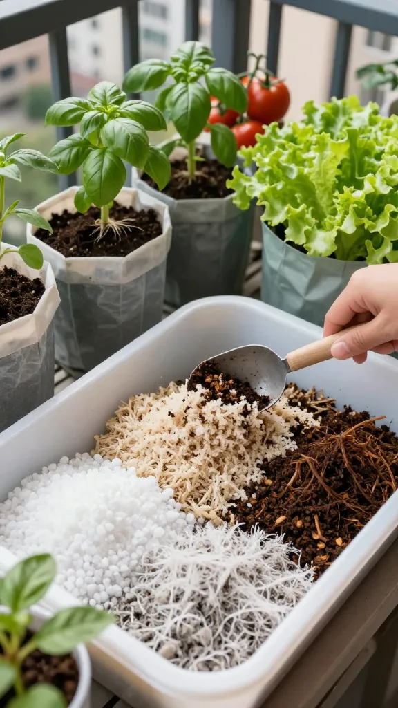 A realistic, high-resolution photo of a small-space container garden on a sunny urban balcony, with a close-up, overhead view of hands mixing a custom potting blend in a large tub. Visible ingredients are neatly arranged in separate piles: fluffy high-quality potting mix (largest pile), bright white perlite, coarse pumice, hydrated coconut coir, and rich dark compost with worm castings. A small scoop and trowel are in use, lightly tossing the mix to show a light, airy texture. Around the workspace are several clean containers and fabric grow bags already planted with thriving tomatoes, basil, peppers, and salad greens, with healthy roots visible in one tilted pot. Natural light, soft shadows, vivid color, fine detail of soil textures and plant leaves, shallow depth of field focusing on the mixing action. Urban backdrop with railing and city buildings softly blurred to emphasize the small-space container gardening context. No text.