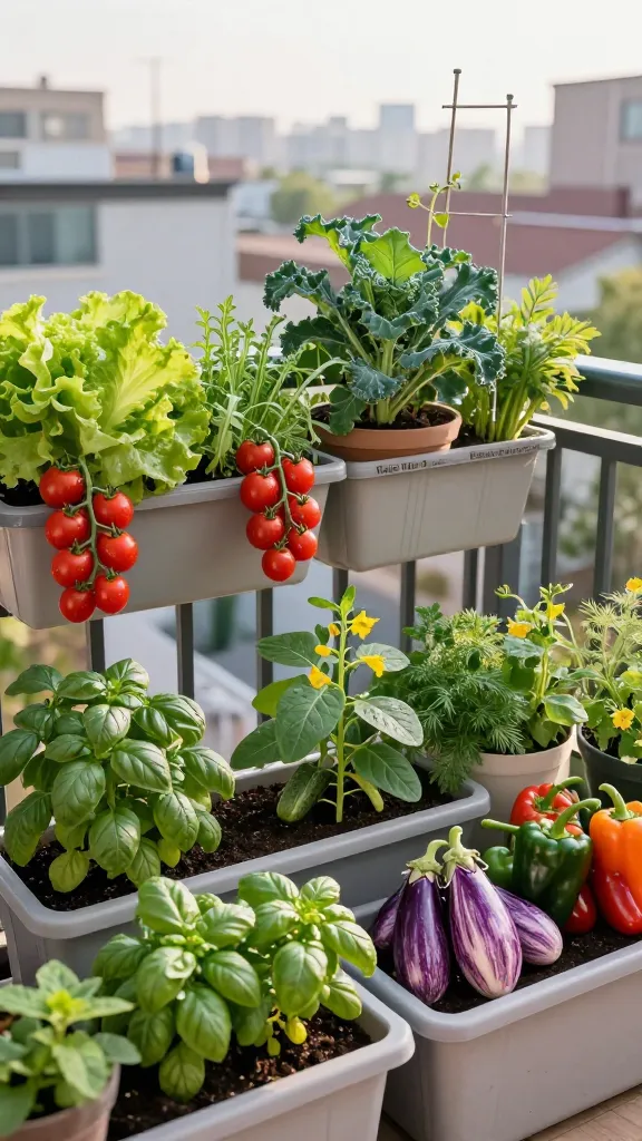 A bright, realistic high-angle photo of a compact balcony container garden thriving in a tiny urban space. The main subject is a lush assortment of productive containers: a railing planter overflowing with cut-and-come-again lettuce, arugula, and spinach; a medium pot with dwarf kale; a hanging basket of cherry tomatoes (‘Tumbling Tom’) heavy with ripe red clusters; a compact patio container with ‘Tiny Tim’ tomatoes; a low trough with bush cucumbers (‘Patio Snacker’) showing small fruits and yellow blossoms; a squat pot with patio peppers in various stages of ripeness; a small container with compact eggplant ‘Fairy Tale’ bearing striped lavender fruits; and a tidy herb cluster—basil, chives, thyme, parsley, dill, cilantro—plus mint isolated in its own separate pot. Natural golden morning light, soft shadows, dew on leaves, visible trellises and stakes for support, clean modern planters, and a backdrop of city rooftops and soft-focus skyline to emphasize small-space urban gardening. Ultra-detailed, true-to-life textures, vibrant but natural colors, crisp depth of field highlighting the abundance without sprawl.