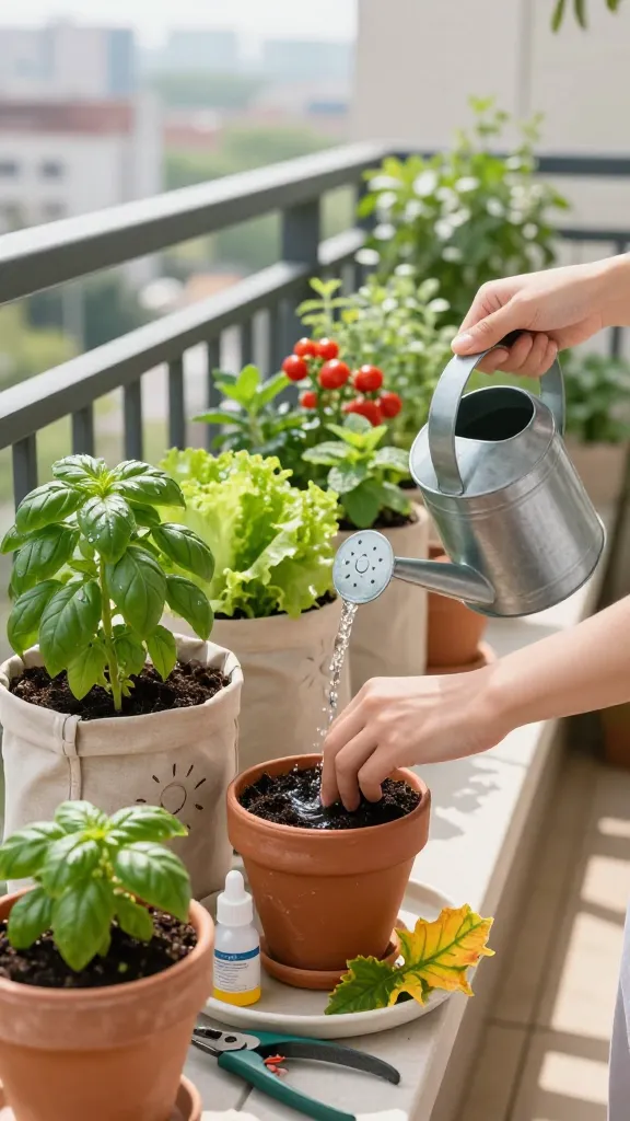 Realistic high-quality photo of a small urban container garden on a sunny morning balcony, featuring diverse potted herbs and veggies (basil, lettuce, cherry tomatoes, mint) in terracotta and fabric grow bags arranged along a railing. A person’s hands are the focus: one hand testing soil moisture by inserting a finger knuckle-deep into a pot, the other holding a slim metal watering can mid-pour, water glistening as it drains from the pot’s bottom. Nearby, a small bottle of diluted liquid fertilizer and hand pruners rest on a tidy tray, with a few freshly pinched basil tops and trimmed yellow leaves beside them. Subtle evidence of routine care: pots slightly rotated with sun-facing markers, healthy leaves with a few dew drops, vibrant growth, and clean swept decking. Soft natural morning light with gentle shadows; cityscape blur in the background. Shot in high-resolution, eye-level perspective, shallow depth of field for realism, no text.