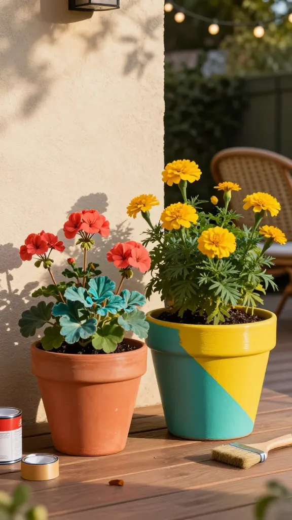 Golden-hour patio scene featuring a cluster of three terracotta flower pots in small, medium, and large, transformed with crisp color-blocked exterior paint in coral, teal, and sunny yellow, created with angled painter’s tape for diagonal and geometric blocks; pots arranged on a warm wooden deck beside a stucco wall, with soft dappled sunlight and natural shadows. Each pot is planted with lush, blooming flowers that echo the paint colors: coral geraniums, teal-toned foliage like dusty miller reflecting cool hues, and sunny yellow marigolds, with trailing greenery for texture. Subtle paint sheen, visible terracotta texture, and a lightly sealed inner rim on each pot to show authenticity. Include a few paint supplies casually set aside (closed paint cans with clean lids, a roll of painter’s tape, and a dry brush) to suggest a just-finished DIY. Background details: string lights out of focus, a woven outdoor chair, and a few scattered petals on the deck for realism. Shot as a high-resolution, natural-light lifestyle photograph with shallow depth of field, sharp focus on the pots and flowers, warm color balance, and no text.