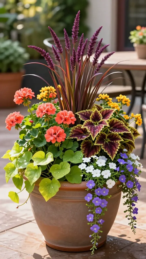 Realistic, high-resolution photo of a colorful patio garden featuring a lush container arrangement using the “thriller-filler-spiller” technique as the main subject: a large ceramic planter on a sunlit patio, centered in frame, packed and overflowing. Thriller: tall purple fountain grass with arching burgundy plumes rising from the back center for height and drama. Filler: vibrant coral geraniums mixed with golden lantana and variegated chartreuse-and-burgundy coleus creating a dense, mid-height canopy. Spiller: lime-green sweet potato vine and white bacopa cascading generously over the rim with trails of purple trailing verbena. Warm late-afternoon natural light, soft shadows, shallow depth of field that keeps the planter crisp while subtly blurring a cheerful patio setting—pavers, a bistro table, and additional pots in the background. Water droplets on leaves for freshness, rich textures on petals and foliage, true-to-life colors, no people, no text, hyper-detailed botanical realism.