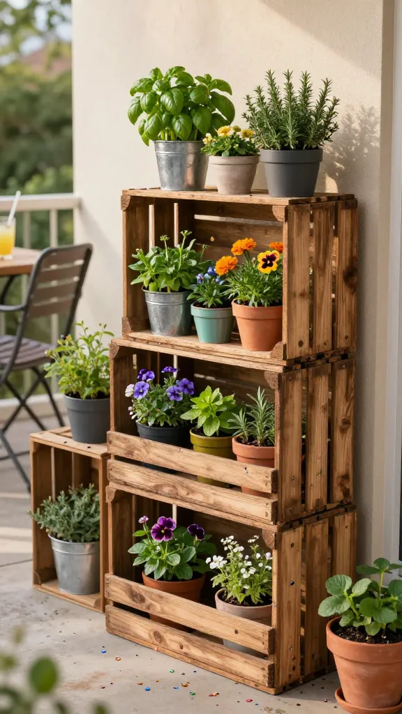 Realistic high-resolution photo of a colorful patio garden featuring rustic crate stacks with herb confetti as the main subject: several weathered wooden crates sealed with a soft matte outdoor finish, artfully stacked at varying heights along a cozy sunlit balcony wall. Each crate tier holds a mix of small herb pots and mini blooms—lush basil, thyme, rosemary, and mint alongside petite marigolds, violas, and alyssum—overflowing like confetti. Mix of container textures: galvanized metal pots, tiny glazed ceramic minis in teal and olive, and classic terracotta clay. Visible stabilization details: subtle L-brackets at the back and a couple of bricks anchoring the base, partially hidden by potted plants. Warm late-afternoon natural light with gentle shadows, slightly worn concrete patio floor, neutral stucco wall, and a simple bistro chair with a spritz on a side table for lifestyle context. Soft depth of field that keeps the crate stacks and herbs crisply in focus, vivid natural colors, true-to-life textures of wood grain, leaves, and pot finishes, no text.