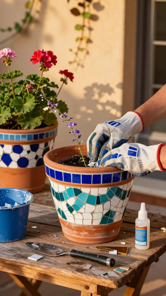 Realistic high-quality photo of a sunlit Mediterranean-style patio garden featuring several terracotta flower pots transformed with colorful mosaic designs made from cracked tiles and broken plate pieces. Close-up focus on one medium pot in the foreground being finished: gloved hands pressing blue, white, and teal tile shards into tile adhesive in simple wave and band patterns around the pot. A small bucket of outdoor grout, a trowel, and tile nippers lie on a rustic wooden table beside the pot; a bottle of clear sealant sits nearby. Reflective shards catch late-afternoon golden light, making nearby blooming geraniums and trailing lobelia sparkle. Background shows additional mosaic pots with polka-dot motifs, warm stucco wall, climbing vines, and dappled shadows. Natural textures, shallow depth of field, crisp details, vibrant yet realistic colors, 50mm lens, soft golden hour lighting.