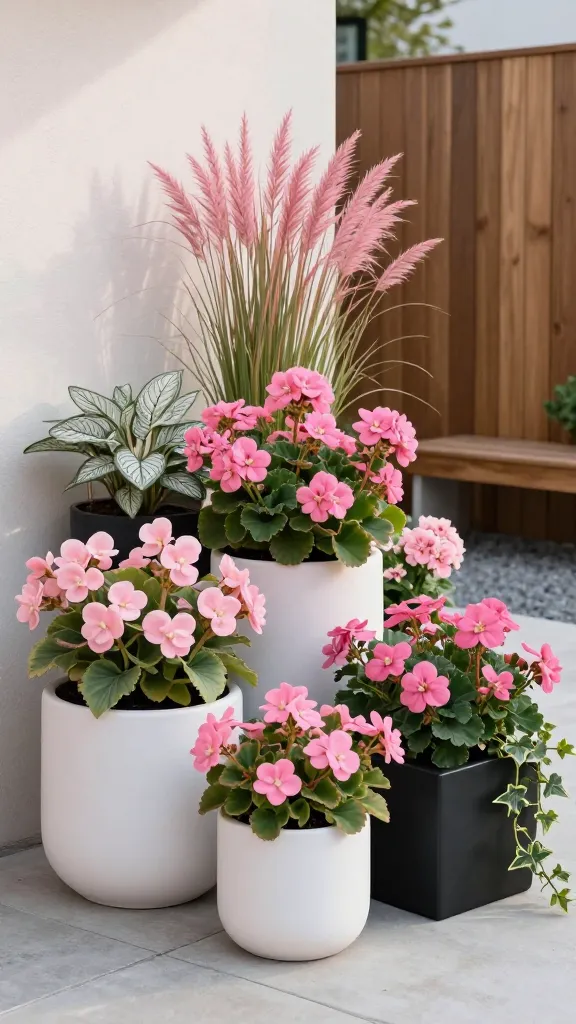 Ultra-realistic photo of a modern patio garden showcasing a monochrome pink theme in flower pots: a clean-lined concrete patio with matte white cylindrical and matte black cube planters arranged in cohesive repetition. Lush layers of pink flowers spill from the pots—blush begonias, hot-pink calibrachoa, and dusty-rose geraniums—intermixed with foliage for depth: silver-variegated caladium, variegated hosta, and trailing variegated ivy. Vary plant heights with a tall architectural grass (pink muhly or fountain grass) at the back, medium-height geraniums centered, and trailing calibrachoa and ivy cascading over edges. Soft morning light creates gentle shadows on a smooth stucco wall and sleek wood slat privacy screen; neutral gravel and a low teak bench complete the minimalist setting. Shallow depth of field, crisp detail on petals and leaves, true-to-life color, no text, editorial-quality photograph.