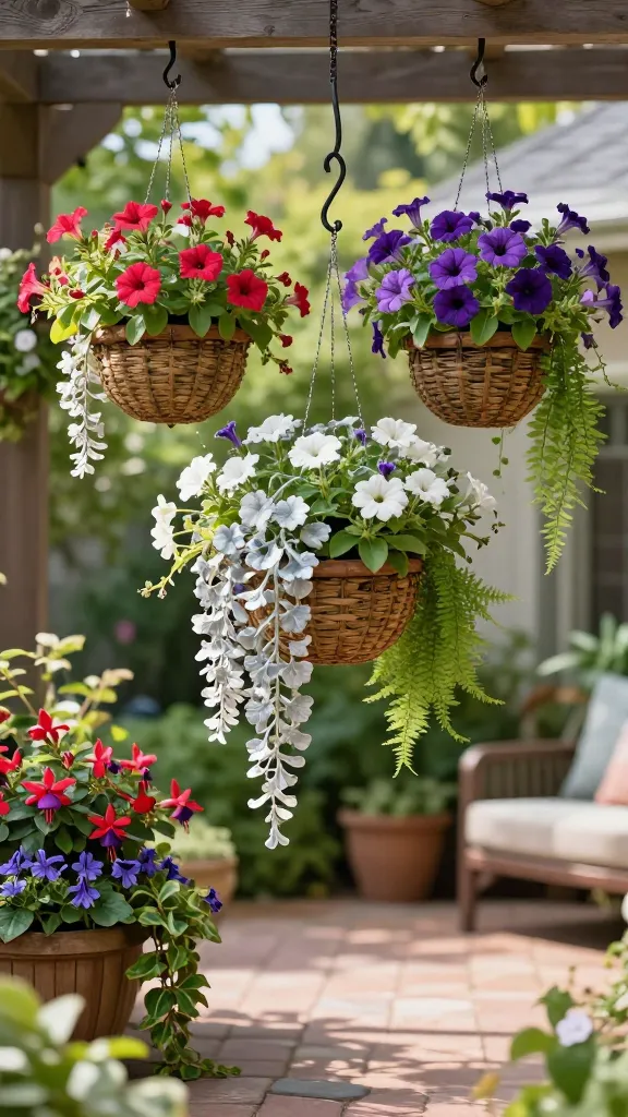 Realistic high-resolution photo of a colorful patio garden showcasing a “Hanging Basket Cloud Cluster”: three to five woven hanging baskets suspended at staggered heights from sturdy black metal hooks under a pergola, creating a floating garden effect above a cozy seating area. Bright, sunlit baskets feature trailing petunias, million bells (Calibrachoa), and portulaca spilling over the edges, intermingled with silver cascades of dichondra ‘Silver Falls’ and feathery asparagus fern for mixed texture. In the shaded corner, an additional basket includes fuchsia blooms with ivy, lobelia, and trailing begonias. Use water-retentive soil visibly tucked beneath dense foliage, subtle drip lines or a watering can nearby to imply easy care. The patio is framed by soft greenery and warm-toned pavers; light bokeh in the background, shallow depth of field emphasizing the lush, overflowing baskets, natural midday lighting, true-to-life colors, ultra-detailed textures, 35mm lens, photorealistic. No text.