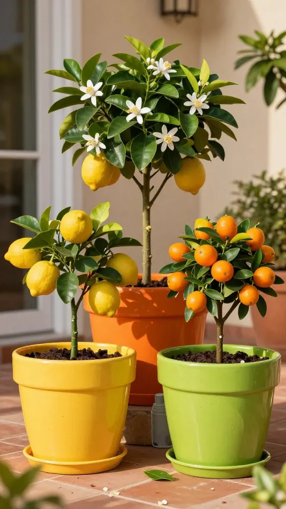 High-resolution, realistic photo of a sunny patio garden showcasing citrus-inspired containers: a trio of large, glossy bright pots (sunny yellow, tangerine orange, and lime green) holding compact citrus trees—Meyer lemon, calamondin, and dwarf kumquat. The trees have dense, glossy dark-green leaves, delicate white citrus blossoms, and visible ripe and ripening fruits (lemons, small orange calamondins, and oval kumquats) for pops of vibrant color. Warm late-afternoon natural light with soft shadows; terracotta tiles underfoot with a light scatter of fallen petals and a few citrus leaves. Subtle details: a small watering can, a citrus-specific fertilizer bottle partially tucked behind a pot, and a moisture meter prong in one container. Background includes a stucco wall and a hint of a sliding glass door, with another leafy potted plant blurred in bokeh. Composition focuses on the citrus trees as the hero, shot at eye level with shallow depth of field, crisp texture on leaves and fruit, slight citrus oil sheen on rinds, realistic color balance, no text.
