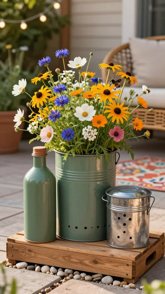 Realistic high-resolution photo of an outdoor patio corner at golden hour featuring an upcycled trio of tin containers used as flower pots: a vintage olive oil can, a large matte-sprayed coffee tin, and a smaller cookie tin, each with neat punched drainage holes visible near the base. The tins are grouped by staggered height on a wooden crate and paver stones, with a thin layer of small river pebbles on top of the soil for drainage. They overflow with a lush, pollinator-friendly wildflower mix: cornflowers, cosmos, black-eyed Susans, poppies, calendula, and sweet alyssum, with bees and a butterfly naturally visiting blooms. Colors of tins are matte sage green, muted terracotta, and soft charcoal, subtly weathered for a curated, thrifty look. Soft bokeh of the patio background shows string lights, a wicker chair with a neutral cushion, and a hint of patterned outdoor rug, adding cozy whimsy. Natural sunlight highlights flower textures and tin reflections; shallow depth of field; 50mm lens look; no text, hyper-real, magazine-quality gardening photography.