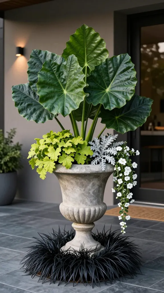 A realistic, high-resolution photo of a single oversized classical stone urn as the dramatic focal point on a contemporary patio entry, overflowing with bold, sculptural foliage. Center the urn on large-format slate pavers near a doorway, soft morning light with gentle shadows. Planting combo: towering green elephant ears (Alocasia) with glossy, architectural leaves as the centerpiece; a ring of inky-black mondo grass at the base for contrast; pops of lime-green heuchera mounding near the rim; silver dusty miller tucked between for texture; delicate drifts of white alyssum spilling lightly; a few trails of variegated vinca cascading down one side. Background: muted, modern exterior wall in warm gray, subtle wood accents, a hint of potted herbs and a woven doormat to suggest entry. Color palette: deep greens, nearly black, lime chartreuse, silvery gray, crisp white. Emphasize rich leaf textures (matte and glossy), high contrast, and moody yet inviting ambiance. Shallow depth of field, natural color grading, ultra-detailed, sharp, 50mm lens perspective. No text.