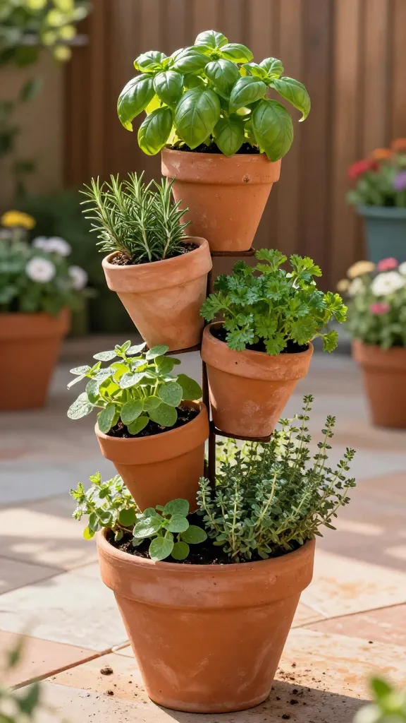 Realistic high-resolution photo of a colorful patio garden featuring a striking herb spiral pot tower as the main subject: a vertical stack of terracotta pots threaded over a visible rusted rebar stake, arranged in a gentle spiral with the largest pot at the bottom and the smallest on top. Each pot is slightly offset to create the spiral effect, filled with rich, well-draining potting mix. Herbs are clearly identifiable: lush basil in the top pot with glossy green leaves, woody rosemary in a mid-level pot, soft mounds of oregano and parsley in adjacent tiers, and fragrant thyme trailing gracefully over the edges of a lower pot. The setting is a sunlit patio with warm late-afternoon light, soft shadows, and a blurred background of pavers, a wooden fence, and a few complementary flowering containers. Natural imperfections on the terracotta, a light scattering of soil on the pavers, and dewdrops on leaves add realism. Shallow depth of field focuses on the spiral tower, crisp textures, vibrant yet natural colors, no people, no text, shot at eye level with a slight angle to emphasize the spiral structure.