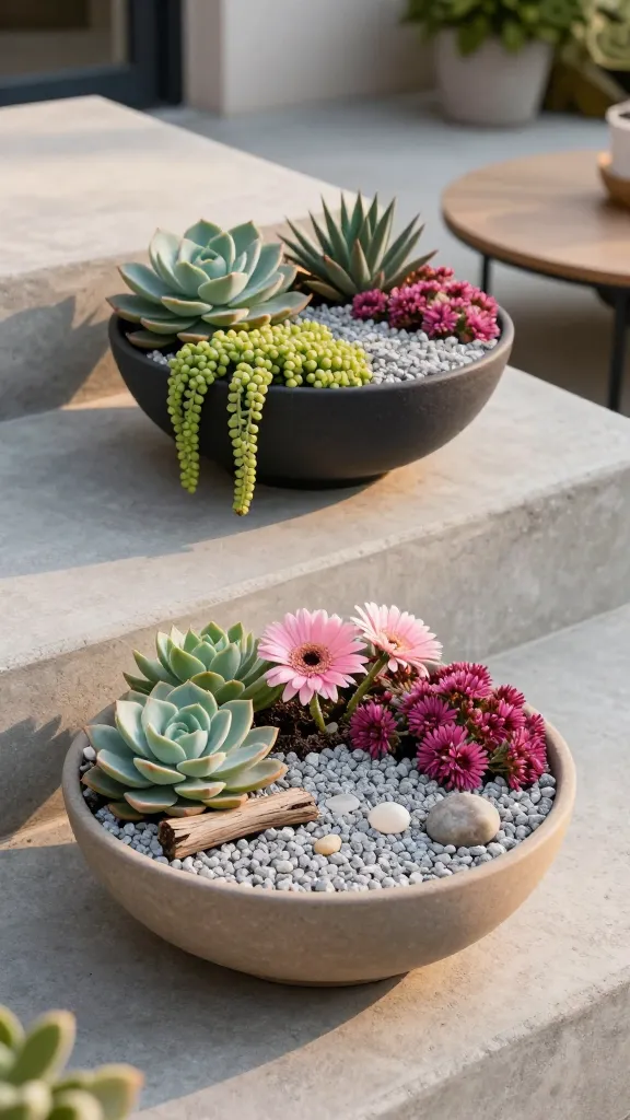 Realistic high-resolution photo of a patio vignette featuring “gravel-topped minimalist bowls”: two low, wide ceramic bowls (matte charcoal and warm stone) on sunlit concrete steps beside a small outdoor coffee table. Bowls are filled with a sculptural mix of succulents and drought-tolerant blooms: tight echeveria rosettes in dusty blue-green, trailing sedum with chartreuse beads, and patches of magenta ice plant flowers; in the part-shade bowl, add soft pink African daisies and compact armeria tufts. Surface neatly topped with pale gray decorative gravel, accented with small pieces of driftwood, smooth quartz, and river stones. Use cactus mix subtly visible at edges beneath gravel. Warm late-afternoon light with gentle shadows, shallow depth of field, natural color grading. Background hints of a modern patio with neutral-toned seating and potted greenery, but softly blurred to keep focus on the serene, tidy bowls that exemplify stylish, low-maintenance color. No text.