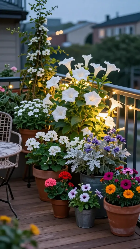 A realistic, high-resolution evening patio garden scene featuring a colorful assortment of potted flowers as the main subject, with a dedicated “Night-Blooming, Glow-In-The-Dark” corner. Show a cozy seating area on a small urban patio with warm wood decking and a weathered bistro chair near a low table. Arrange a variety of flower pots (terracotta, matte ceramic, and galvanized metal) overflowing with vibrant blooms to reflect a “colorful patio garden,” while the corner closest to the seating glows subtly after dusk. In that glowing corner, include moonflowers (large white trumpet blooms unfurling), night phlox and nicotiana with pale blossoms, white geraniums, white alyssum, and silvery dusty miller for contrast. Add a jasmine vine trained on a small trellis and a compact pot of heliotrope nearby for fragrance. Thread warm white fairy lights along the railing and insert a few discreet solar stake lights behind the pale blooms to backlight petals, creating a soft halo effect. Include a few additional colorful pots elsewhere on the patio for balance—bright geraniums, petunias, and marigolds—to reinforce the “colorful patio” theme without overpowering the night corner. Capture at blue hour with soft, cinematic lighting, shallow depth of field that keeps the glowing blooms and seating area in crisp focus, gentle bokeh from fairy lights in the background, natural textures, and realistic color rendition, no text.