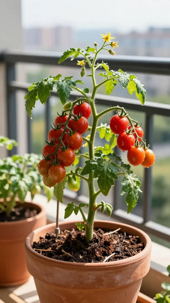 Bright, sunlit balcony container garden featuring a thriving cherry tomato plant as the star subject, growing in a clean 7–10 gallon terracotta pot filled with rich, dark potting mix blended with visible compost texture. A sturdy tomato cage supports the lush, healthy vine loaded with clusters of glossy red cherry tomatoes at various ripeness stages, along with some yellow blossoms and green fruit. The scene shows realistic water droplets on leaves from a recent deep watering, and mulch on the soil surface. Background includes other subtle container plants slightly out of focus, railing, and soft urban skyline bokeh. Strong natural daylight indicating 6–8 hours of sun, warm tones, shallow depth of field, high-resolution, ultra-realistic photography. No text.