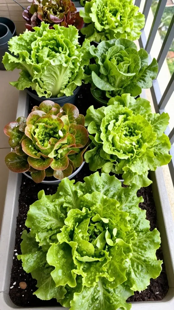 A bright, realistic overhead photo of a small balcony container garden focused on leafy lettuces as the star subject: wide, shallow bowls and 6–8 inch deep pots overflowing with crisp romaine, buttery butterhead, and frilly looseleaf lettuces in vibrant shades of green and soft red. The scene shows fresh dew on leaves, rich dark potting mix, and gentle dappled light suggesting partial sun. A watering can and moisture on soil hint at even watering. Other container veggies are subtly blurred in the background, but the lettuces are the clear hero—lush, tender, and ready for cut-and-come-again harvest. Natural colors, high-resolution, soft shadows, realistic textures, no text.
