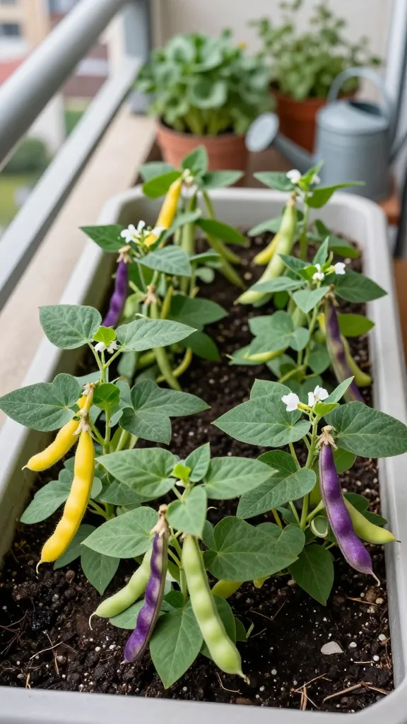 A realistic, high-resolution photo of a small balcony container garden focused on bush beans thriving in a wide, rectangular window box tub. The tub is 10–12 inches deep and filled with rich, dark potting mix. Compact bush bean plants are lush and leafy, spaced evenly 4–6 inches apart, with visible clusters of slim, mature pods in three colors: vibrant green, sunny yellow, and deep purple (some purple pods catching light to hint at their color change when cooked). Delicate white blossoms and a few young pods show ongoing production. The leaves are healthy, slightly textured, and a deep green, with no trellis in sight to emphasize the bush habit. Soft morning light, a slightly blurred urban background with balcony railing and potted herbs, and a small watering can nearby suggesting consistent moisture. Natural color balance, shallow depth of field, tack-sharp focus on the beans and pods, lifelike textures, professional food-garden photography style.