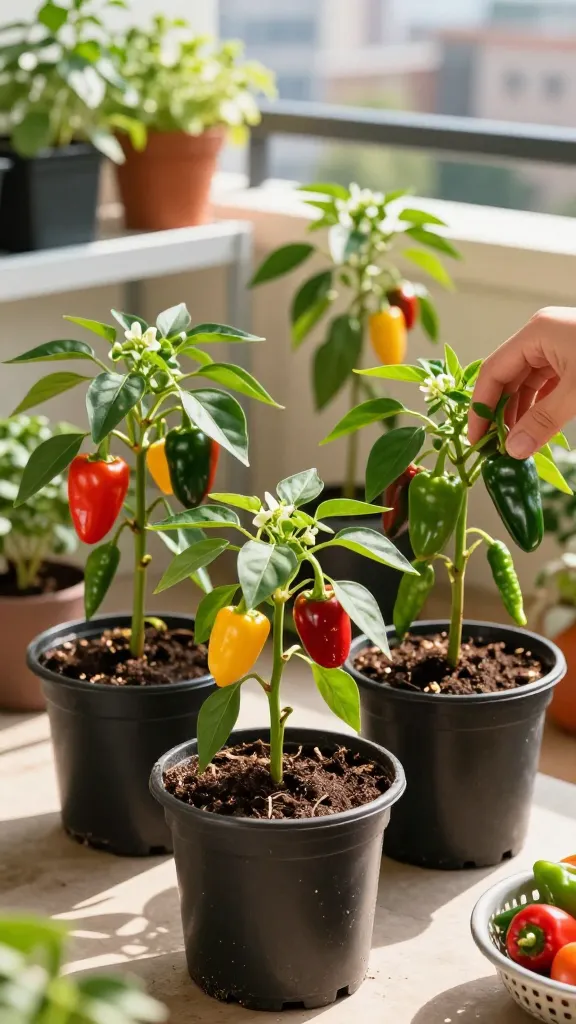 A realistic, high-resolution photo of compact container-grown pepper plants on a sunny balcony garden. Focus on two to three black 3–5 gallon nursery pots radiating warmth, each holding healthy, compact pepper varieties: one mini bell with glossy red and yellow fruits, one jalapeño with deep green peppers and a few ripening to red, and one shishito loaded with slender green pods. Leaves are vibrant and slightly glossy, with small white blossoms and a few tiny developing fruits. Bright midday sunlight (golden, warm) casts defined shadows, suggesting 6–8 hours of sun and heat. Soil appears well-draining and not soggy, with a light mulch on top. A small, discreet slow-release or high-potassium fertilizer granules visible near the stem base. In the background: other container herbs and tomatoes softly out of focus, a clean railing, and a hint of urban skyline. A gardener’s hand is mid-harvest, gently picking a ripe jalapeño, with a small colander of mixed peppers nearby. Realistic depth of field, natural colors, crisp details, no text.