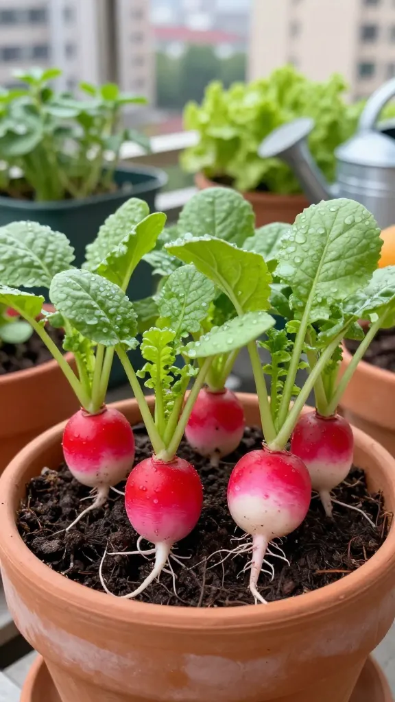 A realistic, high-resolution photo of vibrant radishes growing in a small urban balcony container garden. Focus on a shallow, 6–8 inch deep terra-cotta pot filled with loose, dark potting mix. Healthy radish roots—French Breakfast and Cherry Belle—are partially lifted from the soil to reveal crisp, bright red and pink tapered bulbs with thin white tips, their greens lush and slightly dewy. A hand gently thins seedlings to 2 inches apart, showing proper spacing. Soft morning light, shallow depth of field, and a blurred cityscape in the background with other small containers (herbs, lettuce) subtly visible. A nearby watering can suggests consistent moisture. Realistic textures: soil granules, fine root hairs, delicate leaf veining. Natural color grading, no text.