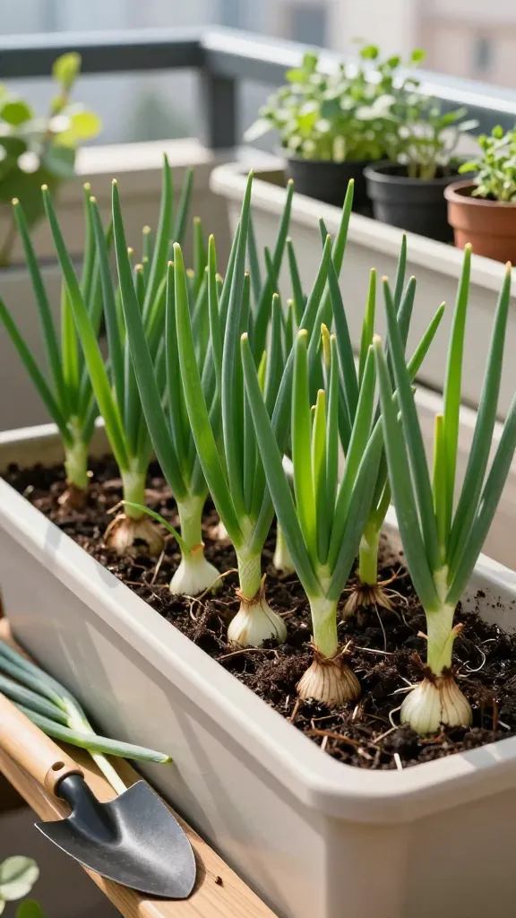 A realistic, high-resolution photo of a sunlit balcony container garden focusing on lush green onions (scallions) growing densely in a long rectangular planter, about 6 inches deep, filled with rich, moist potting soil. Several mature scallion clumps have their outer stalks freshly trimmed, with clean cut ends visible, while the inner centers continue to grow upright with vibrant, crisp green leaves. In the foreground, a small hand trowel rests beside the planter, a few harvested scallion stalks lie on a wooden potting bench, and a couple of store-bought scallion root ends are partially tucked into the soil to show regrowth. Soft morning light casts gentle shadows; background includes other small container herbs and a railing, with a subtle urban skyline bokeh. Color accurate, natural textures, shallow depth of field, 50mm lens look, realistic detail and lighting, no text.