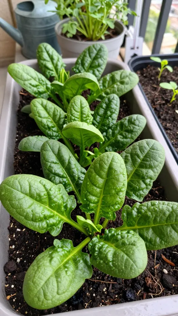 A realistic, high-resolution photo of vibrant spinach growing in a wide, shallow container on a small balcony garden in cool spring light. The container is 6–8 inches deep with rich, dark, evenly moist soil, beads of water visible on the soil surface and leaves. Lush, deep green spinach rosettes with crisp, slightly crinkled leaves show outer leaves ready for harvest while tender inner leaves continue to grow. Soft, diffused daylight with light afternoon shade from a nearby railing or trellis. Background includes a few other potted cool-season herbs and a watering can, with a thermometer showing mild cool weather. Subtle signs of succession planting with a second container of younger spinach seedlings nearby. Shot at eye-level with shallow depth of field, crisp detail, natural colors, no text.