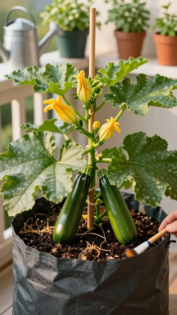 Realistic high-quality photo of a compact bush zucchini plant thriving in a large 15-gallon dark fabric grow bag on a sunny balcony. The plant has broad, healthy green leaves with light speckling, several bright yellow male and female blossoms, and a few glossy dark-green zucchinis at 6–8 inches ready to harvest. A short wooden stake gently supports the main stem with a soft tie. Rich, well-draining potting mix with visible compost texture fills the container, with a light mulch layer on top. A small hand-pollination brush rests on the rim of the pot. In the background, a watering can and other container herbs are softly out of focus. Early morning golden light, shallow depth of field, natural colors, no text.