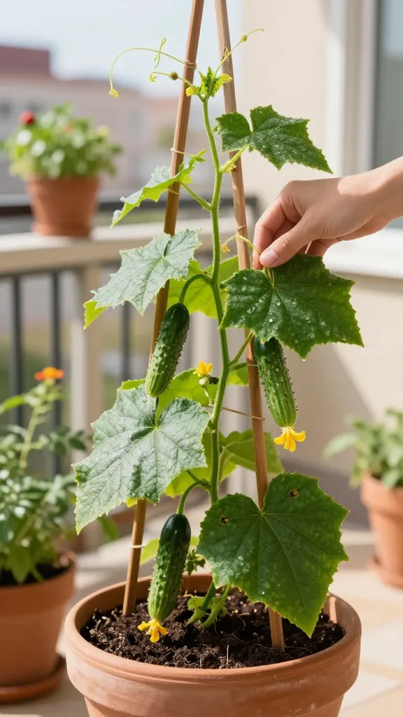 Ultra-realistic daylight photo of a compact patio container garden featuring climbing cucumbers as the main subject: a 5–7 gallon terracotta pot with rich, moist soil and a healthy bush/patio cucumber plant sending slender vines up a wooden trellis. Tendrils curl around twine lines, yellow star-shaped blossoms are open, and several small to medium dark-green cucumbers hang vertically, firm and smooth-skinned, ready for picking. Leaves are vibrant, slightly textured with visible veins and a few natural speckles, no pests. A hand in frame gently checks a cucumber for harvest. Subtle water beads on leaves hint at recent watering. Background shows a sunlit urban balcony with soft bokeh—potted herbs and a tomato in the distance—warm late-morning light, high detail, true-to-life colors, shallow depth of field, 50mm lens look, no text.