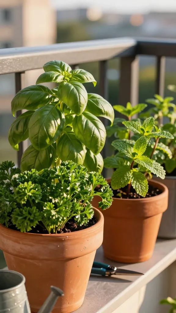 Realistic, high-resolution photo of a small balcony container garden focused on culinary herbs: basil, parsley, and mint as the hero subjects. Foreground: a 12–14 inch terracotta mixed planter with lush, glossy Genovese basil (large, deep green leaves with pinched tips showing fresh branching), curly parsley with tight, vibrant tufts, and spearmint with serrated, slightly fuzzy leaves spilling gently over the rim. Nearby, two individual 8–10 inch pots: one with a compact basil plant in warm sunlight, the other with mint showing healthy runners contained within the pot. Subtle evidence of care: clean pruning shears resting on the ledge, a small watering can with droplets, and moist but well-drained potting mix with perlite visible. Lighting: golden late-morning sun (indicating 4–6+ hours), soft shadows, crisp detail on leaf textures and veins. Background: blurred urban balcony railing, a hint of skyline and soft greenery bokeh. Color palette: rich natural greens, warm terracotta and wood tones, realistic textures, no text, ultra-detailed, lifelike depth of field, professional food-garden photography style.