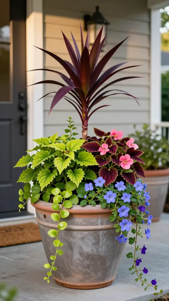 Realistic high-quality photo of a beautifully styled patio container garden showcasing the “thriller, filler, spiller” formula as the main subject: one large ceramic pot by a front door on a sunlit porch, filled with a tall dramatic thriller (deep burgundy dracaena spikes) rising from the center, surrounded by lush mid-height fillers (variegated lime-green and burgundy coleus mixed with pink begonias for density), and soft cascading spillers (chartreuse creeping jenny, trailing purple sweet potato vine, and sky-blue lobelia) flowing over the rim; warm late-afternoon light, shallow depth of field with the pot in crisp focus and a soft, inviting background of a tidy porch with neutral siding, a coir doormat, and a second, slightly out-of-focus matching pot to hint at repetition; natural textures, dewy foliage, realistic color rendering, no text, 50mm lens look, editorial garden photography style.