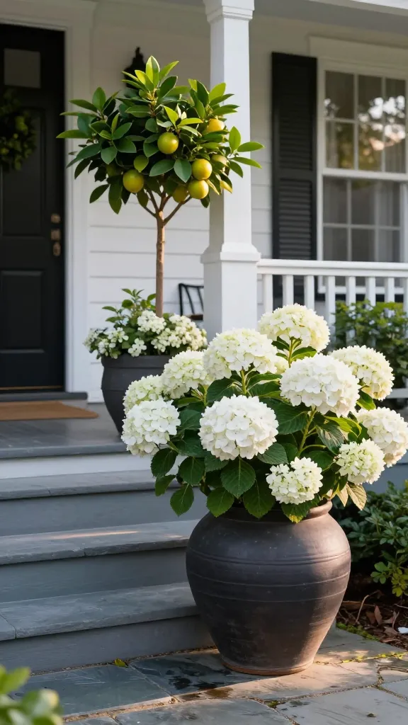 Realistic high-end photo of a front porch styled with oversized statement containers showcasing a lush container garden: two 26–30 inch diameter matte ceramic planters in a trim-matching deep charcoal flanking the porch steps, each overflowing with a mass planting of white mophead hydrangeas for bold, luxurious drama; additional single oversized planter at a corner with a compact dwarf citrus tree bearing glossy leaves and a few green-yellow fruits. Classic white-painted house trim and black front door set a polished backdrop, wide natural stone steps, warm late-afternoon light, soft shadows, slightly damp slate pavers, subtle reflections. Composition emphasizes scale and intentional placement, shallow depth of field with tack-sharp foreground, realistic textures on leaves, petals, and ceramic, no visible branding, ultra-detailed, natural color grading, 50mm lens look, cinematic yet true-to-life.