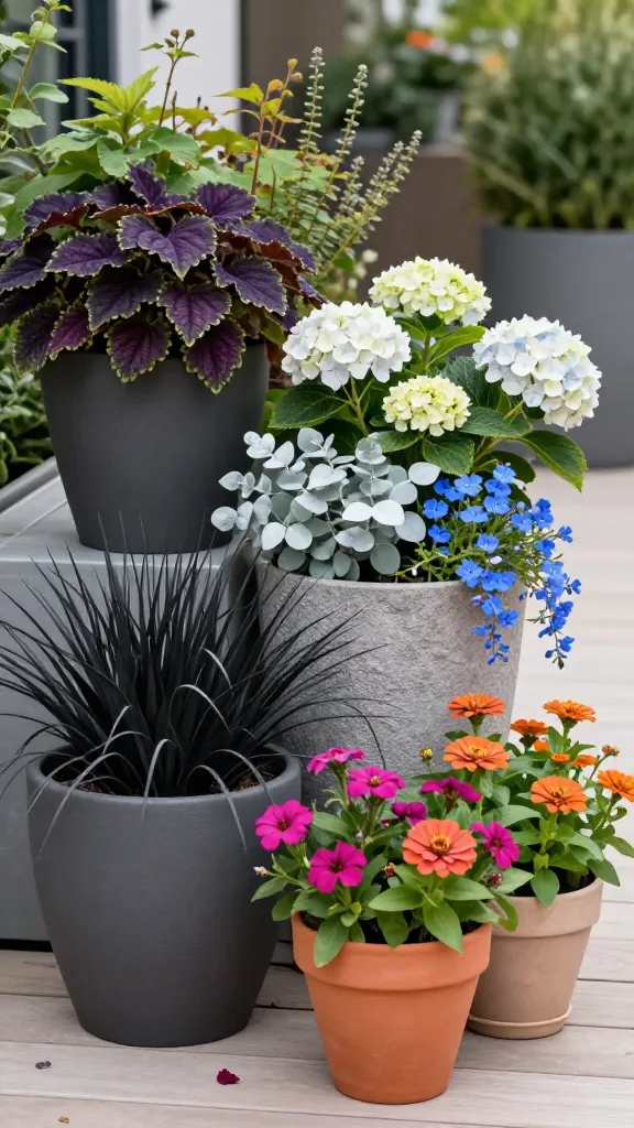 Realistic high-quality photo of a stylish patio container garden showcasing a cohesive color story with three palette zones arranged together: 1) Moody Monochrome cluster with deep purples, dark greens, and black mondo grass in matte charcoal ceramic pots—include dark-leaved coleus, purple heuchera, and black mondo grass with glossy foliage; 2) Coastal Cool cluster with whites, silvers, and blues in textured stone-gray planters—feature silvery eucalyptus, white hydrangea blooms, soft blue lobelia trailing over edges; 3) Sunset Pop cluster with coral, magenta, and tangerine in warm terracotta and sand-toned pots—include coral zinnias, magenta calibrachoa, and tangerine lantana spilling vibrantly. Arrange the containers so colors subtly repeat across groups for visual rhythm. Set on a clean modern patio with light wood decking, soft morning light, and blurred greenery in the background. Include varied pot heights and shapes, healthy, full plants with layered textures and glossy leaves, a few fallen petals on the deck for realism, and shallow depth of field to emphasize the curated, cohesive color story. No text.