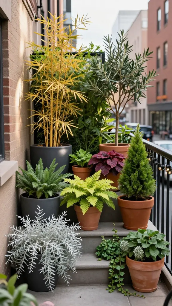 Realistic high-quality outdoor photo of a small urban patio transformed into a layered container garden “mini jungle.” Scene shows a narrow city balcony/patio against a warm stucco or brick wall with dappled afternoon light. Tall layer at the back: large charcoal or terracotta planters holding clumping golden bamboo, a slender potted olive tree, and one small multi-stem ornamental tree, creating a soft green privacy screen. Mid layer in front: grouped medium pots with lush ferns, colorful heuchera in burgundy and lime tones, and compact dwarf conifers for texture. Low/trailing layer spilling over the front edges: Dichondra ‘Silver Falls’ cascading in silvery strands, English ivy trailing, and creeping thyme filling gaps. Pots are varied in height and material (ceramic, terracotta, matte concrete) to create depth, arranged in staggered steps from tall at the back to low at the front. Subtle string lights and a simple bistro chair partially visible add scale and a “secret garden” vibe. Natural, diffused lighting, shallow depth of field, crisp botanical detail, realistic colors, no text.