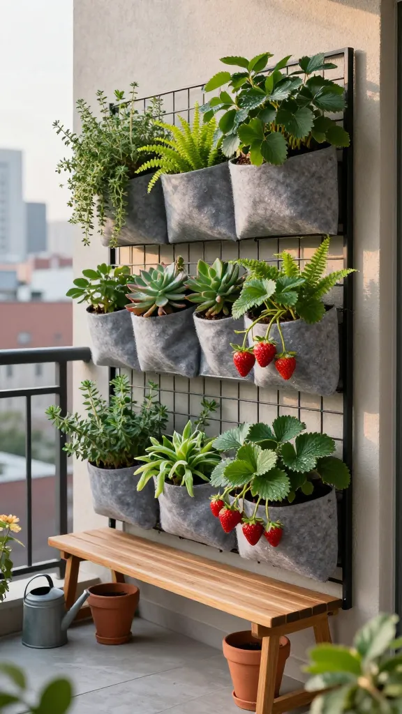 Realistic high-quality photo of a small urban balcony transformed by a vertical container garden wall: a matte-black metal grid mounted on a stucco wall holds modular wall planters and gray felt pocket planters with waterproof backing. Lush planting includes trailing herbs (thyme, oregano), small ferns, mixed succulents, and clusters of ripening strawberries cascading from pockets. The vertical garden creates a semi-opaque privacy screen with layered texture. Below, a narrow teak bench and two slim terracotta pots sit on light gray concrete pavers; a watering can and bag of perlite rest nearby. Soft late-afternoon light, gentle shadows, shallow depth of field highlighting the vibrant green foliage and strawberry reds, realistic water droplets on leaves, city skyline softly blurred beyond the balcony railing. Rich detail, true-to-life colors, crisp focus, no text.