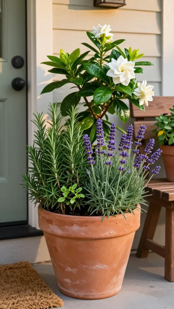 Realistic high-quality photo of a stylish front porch entry featuring a large terracotta container garden as the main subject. The pot is arranged for fragrance: a compact dwarf rosemary and a mound of English lavender form the base with soft purple blooms, glossy-leafed gardenias with creamy white blossoms provide accent for evening scent, and lemon thyme and oregano spill attractively over the rim. Place the pot beside a wooden step and adjacent to a simple bench, with late golden-hour light creating warm shadows. The scene includes a painted front door in muted sage, natural fiber doormat, and subtle potted companions blurred in the background. Show dew-kissed leaves, fine detail in textures (terracotta patina, herb leaves, lavender spikes, gardenia petals), shallow depth of field, natural color grading, and a slightly elevated eye-level perspective. No text.