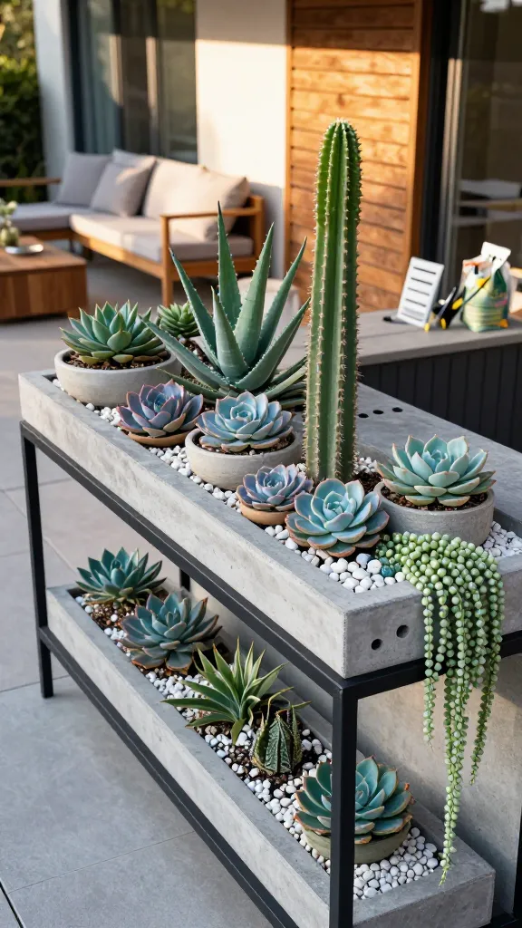Realistic high-resolution photo of a stylish outdoor “succulent and cactus bar” on a sunny modern patio: a waist-high black metal console table and low concrete troughs display an artful mix of succulents—tight echeveria rosettes in blues and lavenders, upright aloe and haworthia for spiky contrast, and cascading string of pearls draping over the edges. Shallow ceramic bowls and matte cement planters, all with visible drainage holes, are filled with gritty cactus soil topped with smooth pea gravel and white river rocks for a clean finish. Bright, warm late-afternoon light creates crisp shadows; background shows a contemporary porch with teak seating, neutral outdoor cushions, and a slatted wood privacy screen. Subtle garden tools and a small bag of cactus mix sit nearby to imply care without clutter. Color palette is natural and modern—sage greens, dusty blues, charcoal, and warm wood tones. Ultra-detailed textures: plump leaves, fine gravel, porous concrete, and sunlit patina. No text.