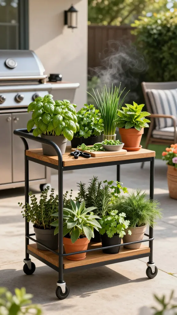 Golden-hour backyard patio scene featuring a stylish rolling bar cart turned herb garden, photographed at eye level with a 50mm lens for a natural, realistic look. The cart has two tiers of matte black metal with wooden shelves, parked beside a kitchen door near a stainless grill. Each herb is lush and identifiable: top shelf holds basil, flat-leaf parsley, chives, and a separate terracotta pot for mint (kept apart); bottom shelf has thyme, rosemary, and sage thriving in full sun, plus smaller pots of cilantro and dill for cooler-season use. Fresh snips and a small pair of garden shears rest on a wooden cutting board beside a small bowl of chopped herbs. Soft dappled sunlight, gentle shadows, and subtle steam rising from the nearby grill hint at dinner prep. Concrete pavers underfoot, no mud. Background includes a neutral stucco wall, a few modern outdoor chairs with striped cushions, and potted flowers for color. Ultra-realistic textures, crisp detail, natural colors, shallow depth of field that keeps the herb cart as the clear focal point, no text.