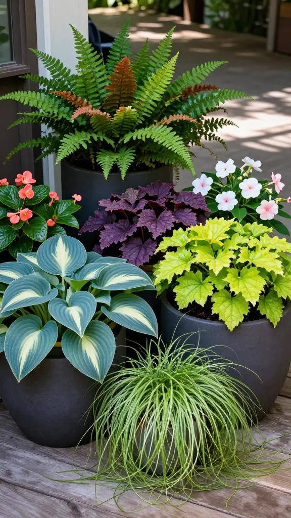 Realistic high-resolution photo of a shaded porch container garden showcasing lush texture and vibrant foliage under bright, indirect light. Main subject: a grouping of matte, dark charcoal ceramic containers overflowing with shade-loving plants. Foreground pot features large, variegated hostas with ribbed, heart-shaped leaves in blue-green and cream. Beside it, a low, wide planter spills Japanese forest grass (Hakonechloa) in cascading chartreuse blades, creating graceful movement. A medium pot hosts autumn fern with coppery new fronds transitioning to deep green, adding feathery texture. Tucked between, heuchera in contrasting plum and electric lime forms compact mounds for color pops. Accents of begonias with glossy leaves and soft coral blooms, plus impatiens in white and blush, weave through the arrangement for subtle flowers. The containers sit on a clean, weathered wood porch with dappled shade from overhead beams; soft, cool-toned ambient light makes the greens glow against the matte pots. Shallow depth of field, natural color grading, no visible labels or text, ultra-detailed leaf textures, water droplets hinting at recent misting, 50mm lens, f/2.8, photorealistic.