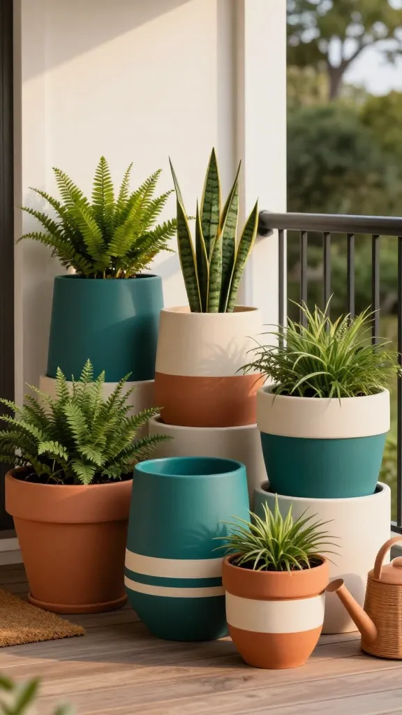 Realistic high-resolution photo of a stylish patio container garden showcasing a cohesive color-blocked pot collection: a cluster of terracotta and fiberglass planters painted with two to three bold, modern exterior colors (e.g., matte deep teal, warm terracotta, and soft cream) arranged on a sunlit porch with natural wood decking. Pots feature clean geometric blocks, horizontal stripes, and dipped bottoms, with repeating patterns across varying sizes for a gallery-like look. Each pot is planted with simple, lush green foliage—ferns, snake plants, philodendrons, and small ornamental grasses—no flowers, letting the pots be the star. Subtle shadows, late-afternoon golden light, shallow depth of field, soft bokeh background with hints of a white exterior wall and black metal railing. Surfaces appear clean and slightly matte; paint finish looks even and professional. Natural props like a coir doormat and a woven watering can off to the side add realism without stealing focus. Photorealistic, editorial home-and-garden style, 50mm lens perspective. No text.