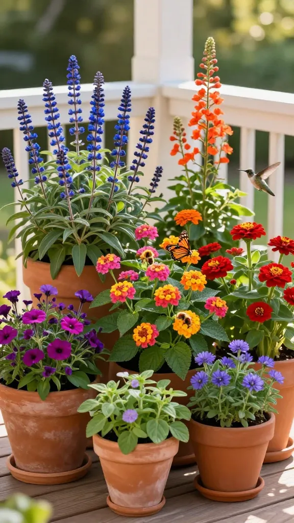 Realistic, high-resolution photo of a vibrant container garden on a small, sunlit porch designed as a pollinator paradise, overflowing with nectar-rich blooms that attract bees, butterflies, and a hovering hummingbird mid-sip. Feature grouped terra-cotta and painted ceramic pots bursting with sun-loving salvia (deep blue spires), zinnias (mixed bold pinks, oranges, and reds), lantana (yellow-to-orange clusters), and trailing verbena (purple). Include a separate pot with monarda (bee balm, magenta shaggy blooms) and a tall container of agastache (hyssop, coral-orange flower spikes) to entice hummingbirds. Add compact herb pots of oregano and chives with purple pom-pom flowers to suggest beneficial insects. A few visible bees and butterflies (monarch and swallowtail) are naturally visiting blooms. Warm golden-hour lighting, shallow depth of field, subtle bokeh, clean wooden porch boards, and a soft background of a white railing and leafy yard. No text, hyper-realistic detail, rich color contrast, crisp focus on flowers and pollinators.