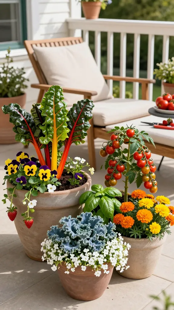 A sunlit patio scene showcasing a vibrant container garden on a cozy porch, with a strong focus on edible plants artfully mixed with ornamentals. Foreground features three large ceramic pots in muted earth tones arranged near a wooden lounge chair with soft neutral cushions. Pot 1: rainbow chard with glossy, colorful stems (red, yellow, orange) surrounded by deep violet and yellow pansies, with trailing strawberry plants cascading over the rim, small white blossoms and a few ripening red berries visible. Pot 2: a compact dwarf tomato plant heavy with clusters of red and gold cherry tomatoes, interplanted with lush green basil, ringed by bright orange and yellow marigolds. Pot 3: textured blue-green kale leaves rising above a silvery, velvety dusty miller, bordered by a frothy carpet of white alyssum spilling slightly over the edge. Warm late-afternoon light casts gentle shadows; the background shows a clean, modern porch railing with potted plants continuing into soft focus. A small side table holds garden shears and a bowl with a few freshly picked tomatoes and strawberries, suggesting easy harvest. Realistic, high-resolution photography, shallow depth of field, natural colors, crisp detail, no text.