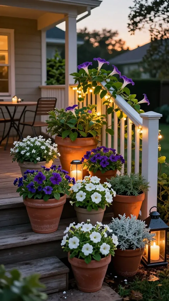 Golden-hour backyard porch featuring 15 lush container gardens arranged on steps and along railings, designed to glow after sunset: large ceramic and terracotta pots overflowing with night-blooming moonflower vines, fragrant nicotiana, and white petunias, contrasted with silvery foliage of artemisia, licorice plant, and lamb’s ear. Subtle, warm solar stake lights tucked among containers, delicate string lights draped along the railing, and a few lanterns with soft LED candles casting a cozy, romantic glow. The scene feels intimate and magical: a small bistro table and two chairs, weathered wood decking, soft shadows, and a dusky sky. Moist soil and dew-kissed leaves add realism; petals and foliage are crisp and detailed, with a shallow depth of field highlighting the containers while keeping the porch and garden backdrop softly blurred. High-resolution, natural color balance, cinematic lighting, realistic photo.