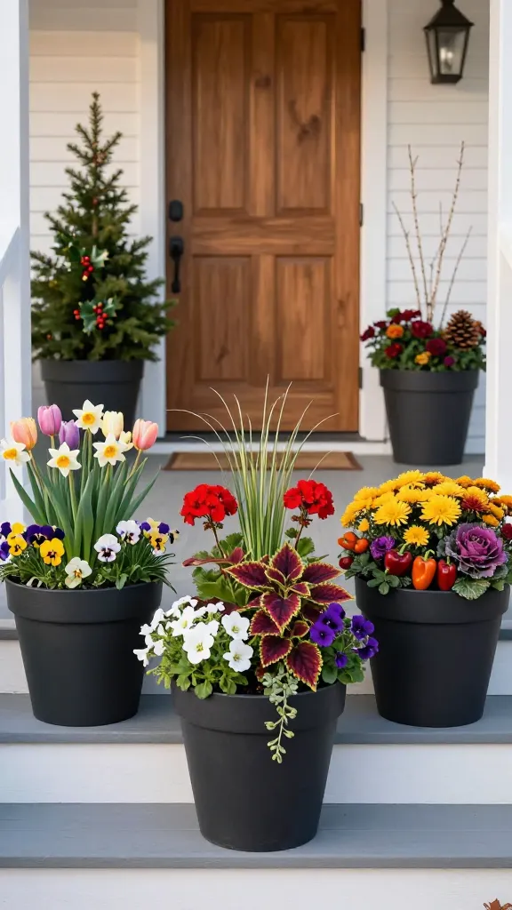 A realistic, high-resolution porch scene featuring a stylish four-season container garden rotation as the main subject: three large matching matte-black planters on a classic front porch with white siding and a natural wood door, arranged symmetrically on wide steps. The left planter showcases spring blooms (lush tulips and daffodils in mixed pastel colors with purple and yellow violas and delicate ranunculus), the center planter displays summer abundance (vibrant red geraniums, multicolored coleus foliage, trailing calibrachoa, and airy ornamental grasses), and the right planter highlights fall tones (golden and burgundy mums, purple asters, glossy ornamental peppers, and frilly ornamental cabbage). In the background, a fourth identical planter styled for winter sits by the door, filled with fresh evergreen boughs, glossy holly with red berries, slender white birch branches, and natural pine cones. Soft golden late-afternoon light, shallow depth of field, realistic textures (ceramic, foliage, wood grain), and a clean, inviting curb-appeal aesthetic. No people, no text, photo-realistic, editorial-quality.