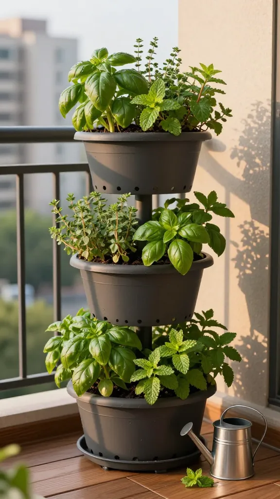 Realistic, high-resolution photo of a compact urban balcony featuring a lush stackable herb tower planter as the main subject, overflowing with vibrant basil, thyme, and mint on multiple vertical tiers. The planter is matte charcoal plastic with built-in saucers and visible drainage holes; each tier is slightly rotated to catch sunlight evenly. Morning golden light casts soft shadows, highlighting dewdrops on textured leaves and the subtle serration of basil. The balcony has warm wood deck tiles, a slim black metal railing, and a blurred mid-rise cityscape in the background to suggest limited urban space. A small stainless steel watering can sits beside the base with a few scattered herb clippings. Composition emphasizes height and compact footprint, showing good airflow around tiers. Shallow depth of field, natural color grading, lifelike textures, no people, no text.