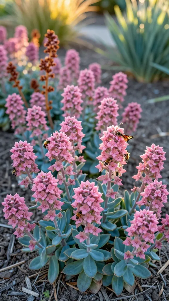 Close-up, realistic high-quality photo of Sedum ‘Autumn Joy’ in a late-summer garden border, showcasing large, domed clusters of rosy-pink flowers atop sturdy, upright succulent stems with fleshy blue-green leaves; multiple pollinators (honeybees and a monarch butterfly) actively visiting the blooms. In the midground, a soft drift of additional ‘Autumn Joy’ plants creates a mass-planting effect for dramatic texture, transitioning to slightly rusty-pink seed heads on a few stalks to hint at early autumn. Background shows a naturalistic, slightly dry, poor-soil bed with coarse mulch and sparse ornamental grasses, softly blurred with golden late-afternoon light and gentle bokeh. Natural color balance, crisp botanical detail, lifelike textures, 85mm lens look, f/2.8 shallow depth of field, ultra-realistic, no text.