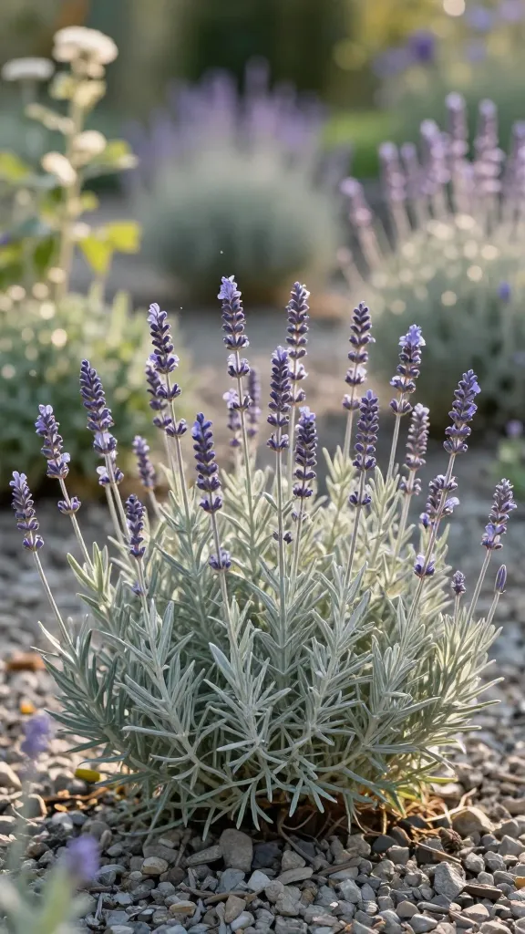 Close-up, realistic high-quality photo of Russian sage (Perovskia atriplicifolia) in full bloom, showing airy lavender-blue flower spikes rising above finely textured, silvery-gray foliage. Plant is growing in a sun-drenched, well-drained gravel garden with open spacing around each clump to emphasize its loose, ethereal shape. Warm late-afternoon light creates soft highlights on the silver leaves and gentle bokeh in the background, with a few complementary drought-tolerant companions blurred in the distance. Composition captures movement as the tall, wispy stems sway slightly in a light breeze, evoking a cottage/gravel garden feel and a long-blooming season from midsummer to frost. Ultra-realistic detail, natural colors, shallow depth of field, 50mm lens, professional botanical photography.