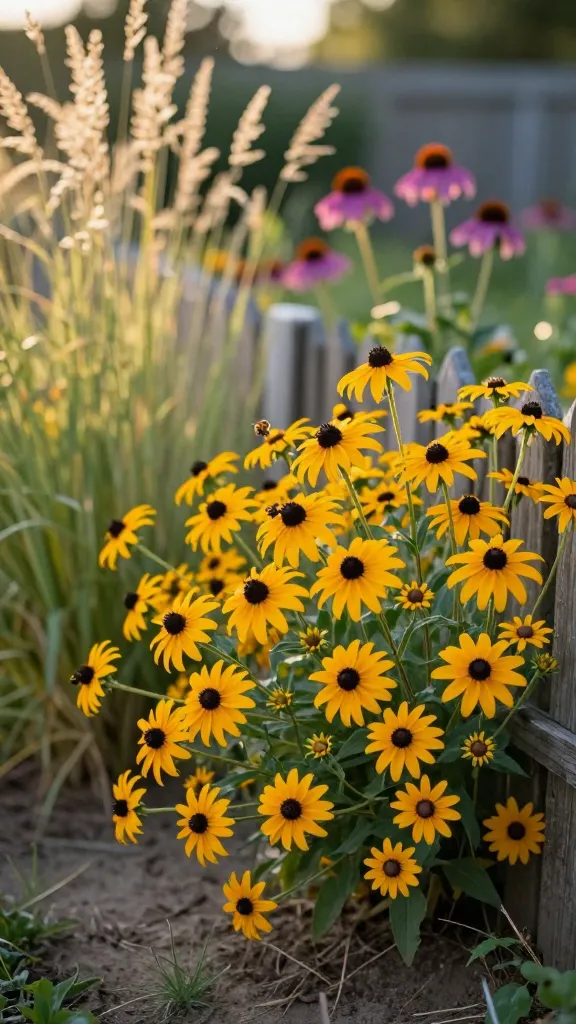 Realistic close-up garden scene featuring a vibrant cluster of Black-Eyed Susan (Rudbeckia hirta) in full bloom—golden-yellow daisy-like petals with dark chocolate-brown centers—spilling naturally along a rustic fence line. The plants appear slightly wild and self-seeded, forming loose drifts with varied heights, surrounded by airy native grasses and a few complementary purple coneflowers blurred in the background to suggest a pollinator-friendly bed. Late afternoon golden-hour light creates warm highlights on the petals and soft bokeh behind the fence, with a shallow depth of field isolating the main flowers in crisp, high-resolution detail. Subtle signs of dry, sandy soil and minimal irrigation are visible at the base, reinforcing drought/poor-soil tolerance. Include bees and a butterfly visiting the blooms for realism. Photographic style: ultra-realistic, natural colors, high dynamic range, 85mm lens look, soft background, no text.