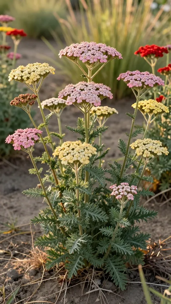 Close-up, high-resolution realistic photo of yarrow (Achillea millefolium) in bloom, showcasing feathery, fern-like gray-green foliage and flat-topped flower clusters in a harmonious mix of soft pastels (blush pink, buttery yellow) and fiery reds. Scene set in a sunlit, low-water meadow garden with dry, sandy soil and scattered drought-tolerant grasses in the background. Include multiple compact yarrow clumps to suggest non-flopping habit, with a few freshly deadheaded stems subtly visible to imply ongoing blooms. Golden hour lighting with gentle backlight highlighting the delicate texture of the foliage and the umbels, shallow depth of field to keep the main yarrow clusters crisp and the background softly blurred. Naturalistic composition, no people, no labels, ultra-detailed botanical realism.