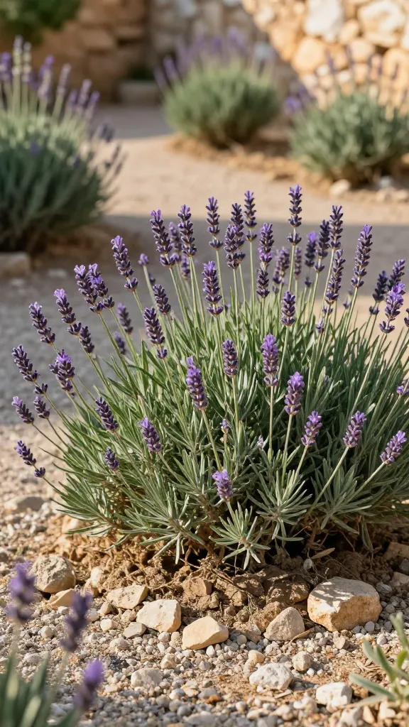 Close-up, realistic high-resolution photo of a mature lavender (Lavandula angustifolia) mound thriving in poor, rocky soil under bright Mediterranean sunlight. The plant has dense silvery-green foliage and abundant violet-purple flower spikes, with fine details of tiny blossoms and aromatic buds. The ground is dry and gravelly with small stones and sandy grit, showing excellent drainage; no mulch or lush soil. A narrow sunlit pathway of pale gravel curves beside the lavender, inviting the idea of brushing past. In the softly blurred background, a simple border with a few drought-tolerant companions (e.g., sage and rosemary) and a warm, sun-bleached stone wall suggest a Mediterranean garden. Golden-hour lighting enhances texture and casts gentle shadows; shallow depth of field focuses crisply on the lavender flowers and leaves. No people, labels, or text—natural, realistic color grading and photographic detail.