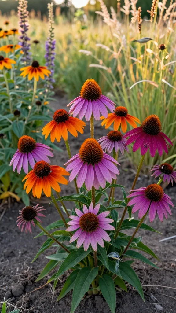 Realistic close-up photo of a vibrant coneflower (Echinacea) cluster thriving in poor, dry soil in a sunny prairie-style garden. Show multiple sturdy, upright stems with large daisy-like blooms in varied colors—classic purple-pink, fiery orange, and rich magenta—surrounded by narrow, slightly rough green leaves. Seed heads are prominent: some flowers in full bloom with raised spiky central cones, others fading to dark, textured seed heads with small songbirds (like goldfinches) perching and feeding. Background features a naturalistic mixed bed with complementary drought-tolerant perennials and native grasses (rudbeckia, liatris, little bluestem) softly out of focus. Golden late-afternoon light, warm tones, shallow depth of field (bokeh), high detail on petal texture and cone spines, subtle dust and pollen on petals, slight breeze motion blur in distant grasses. Shot with a full-frame DSLR, 85mm lens, f/2.8, ISO 200. No text.